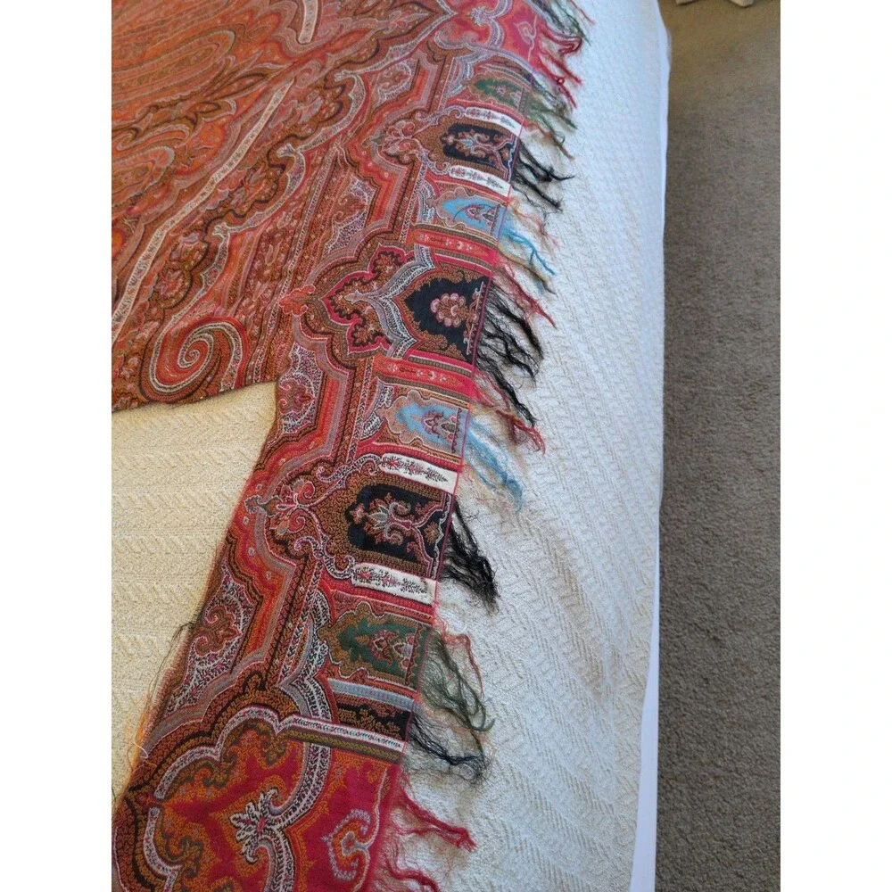 Victorian Paisley Woven Antique Scarf Kashmir Piano Table Craft 126x64 AS IS